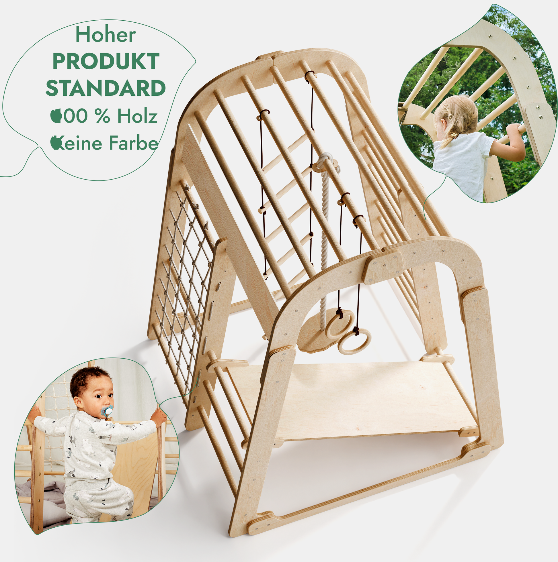 6in1 Indoor Spielplatz für Kinder: Klettergerüst mit Kletternetz, Rutsche, Gymnastikringe, Hängende Leiter und Disc-Schaukel – Beige-4